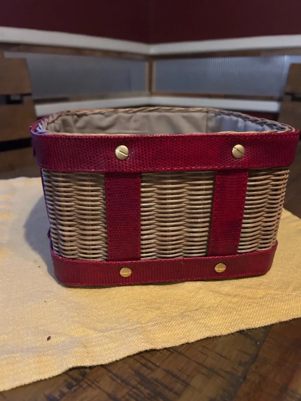 Wicker Basket  w burgundy leather straps   lined   9x9  5in  height